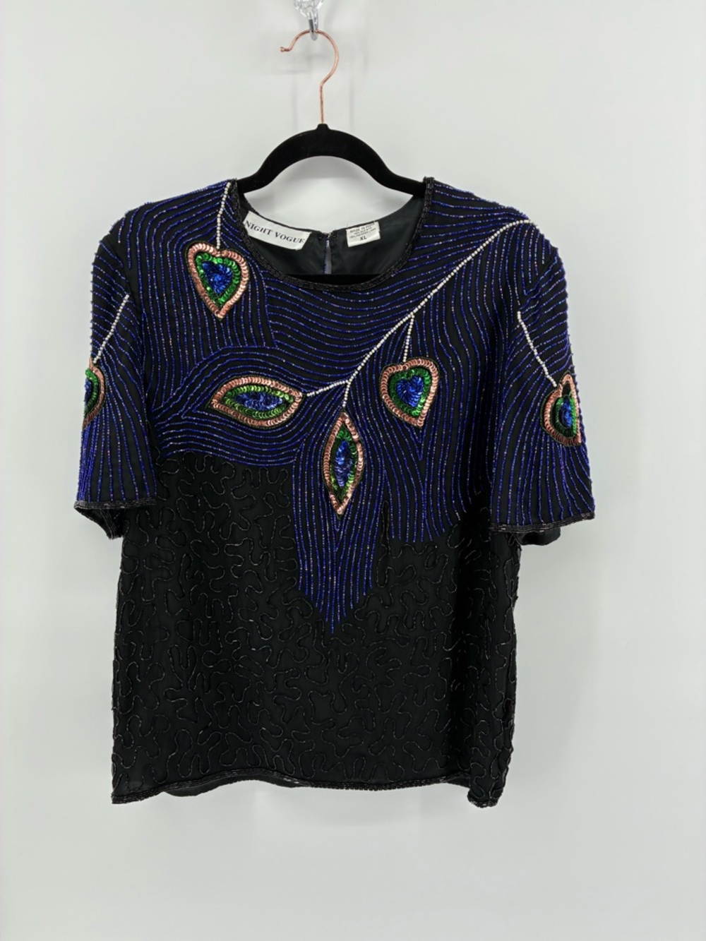 Vintage Night Vogue 100% Silk Black and Blue Embellished Blouse